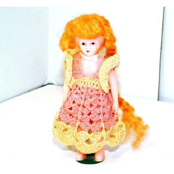 Vintage Other - Very Old Vintage Celluloid Doll with Red Braided Hair Standing on Tax To…